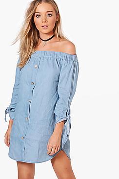Boohoo Kiera Button Off Shoulder Chambray Dress