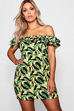 Boohoo Plus Banana Print Off Shoulder Ruffle Dress