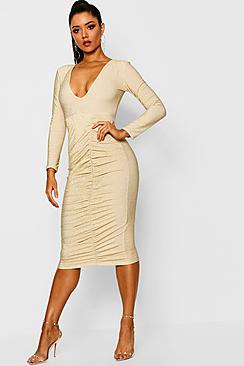 Boohoo Metallic Ruched Front Midi Dress