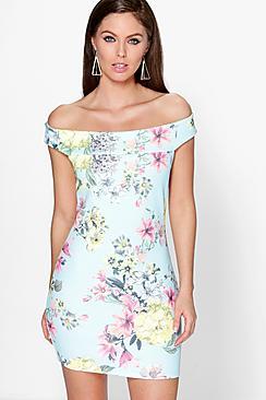 Boohoo Annie Off The Shoulder Floral Bodycon Dress
