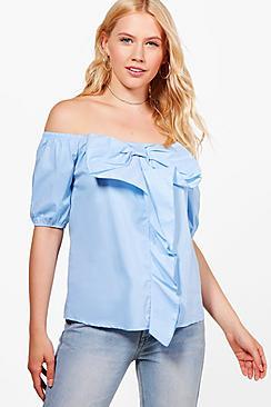 Boohoo Ellie Woven Long Sleeve Ruffle Off The Shoulder Top