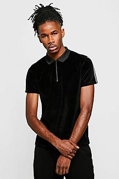 Boohoo Velour Polo With Tape