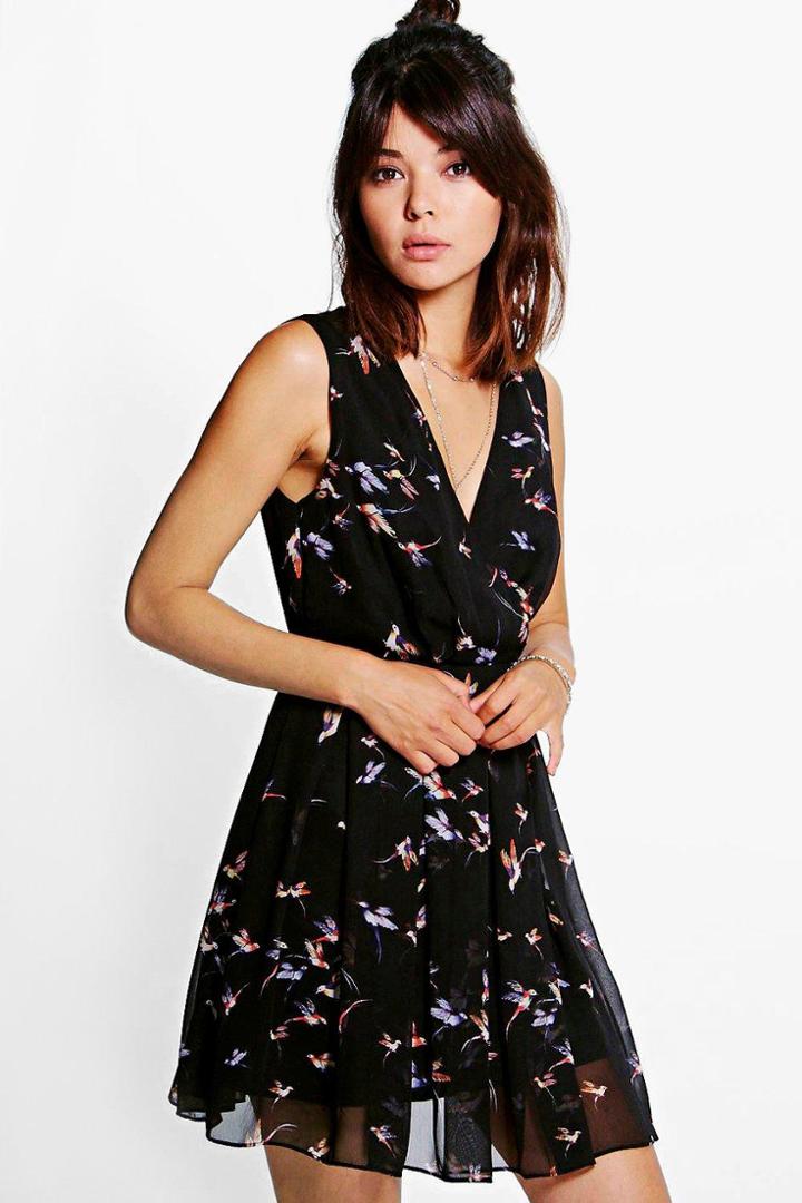 Boohoo Ava Wrap Front Skater Printed Dress Black