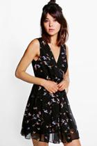 Boohoo Ava Wrap Front Skater Printed Dress Black