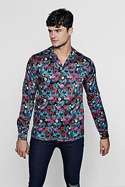 Boohoo Multi Floral Print Long Sleeve Satin Shirt
