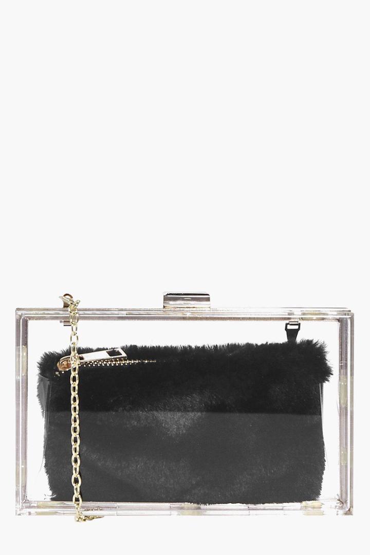 Boohoo Anya Clear Faux Fur Purse Clutch Bag Black
