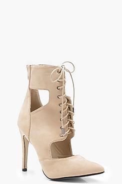 Boohoo Ella Lace Up Cut Work Closed Toe Heels