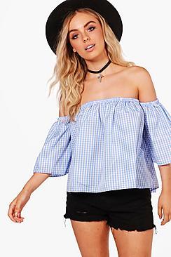 Boohoo Annabel Gingham Bardot Top