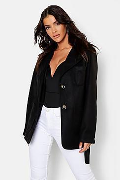 Boohoo Short Pocket Detail Belted Wool Look Coat