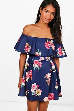 Boohoo Alecta Frill Off The Shoulder Skater Dress