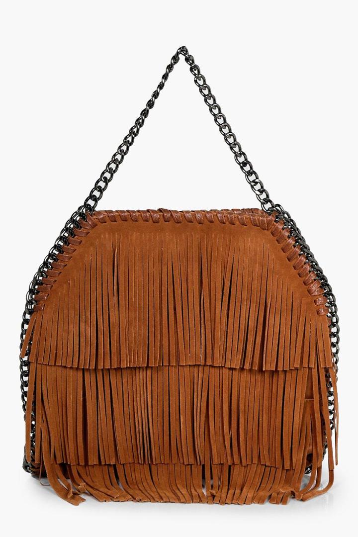 Boohoo Isla Fringe & Chain Cross Body Bag Tan