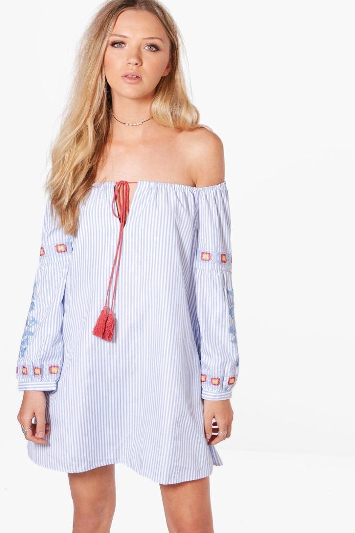 Boohoo Loren Embroidered Off Shoulder Shift Dress Blue