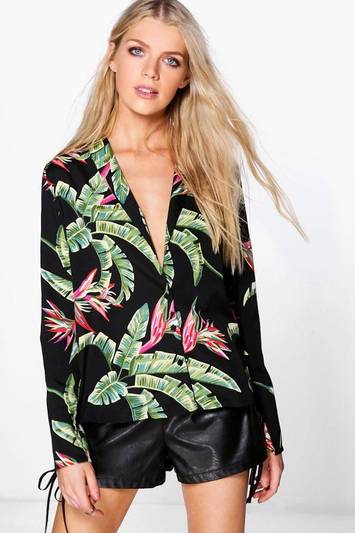 Boohoo Sophia Printed Plunge Neck Shirt Black