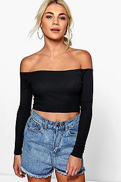 Boohoo Evie Rib Off The Shoulder Long Sleeve Crop