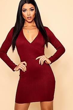 Boohoo Jumbo Rib Wrap Bodycon Dress