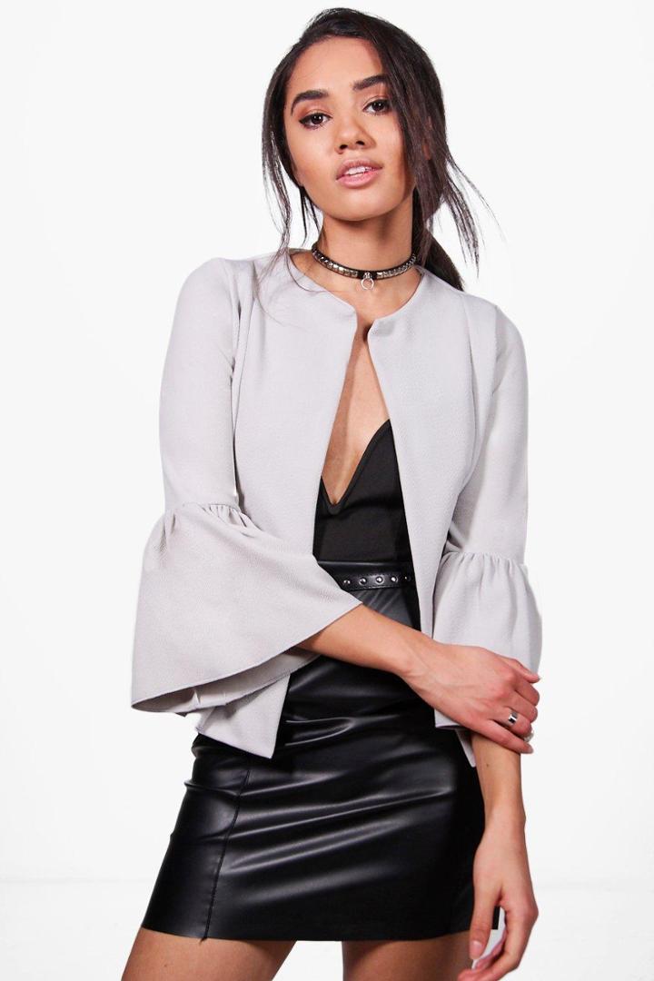 Boohoo Petite Harriet Ruffle Hem Collarless Jacket Dove