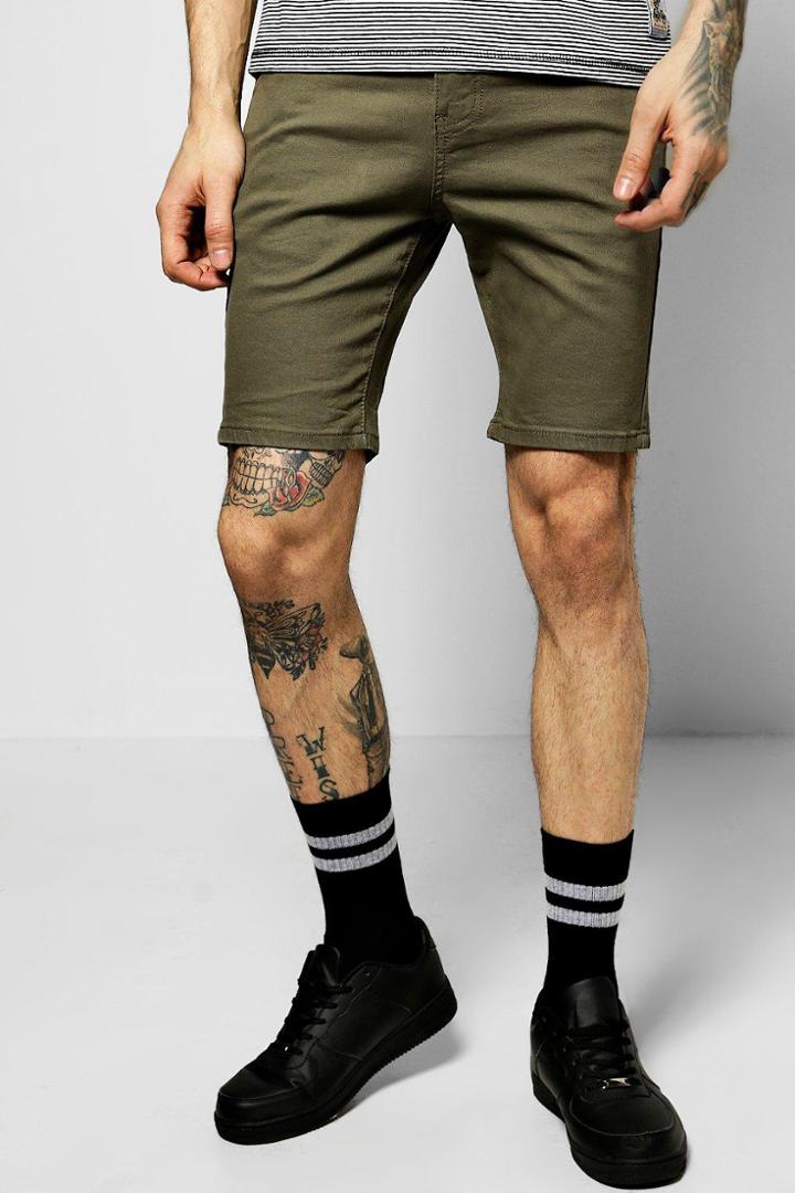 Boohoo Skinny Stretch Denim Shorts Khaki