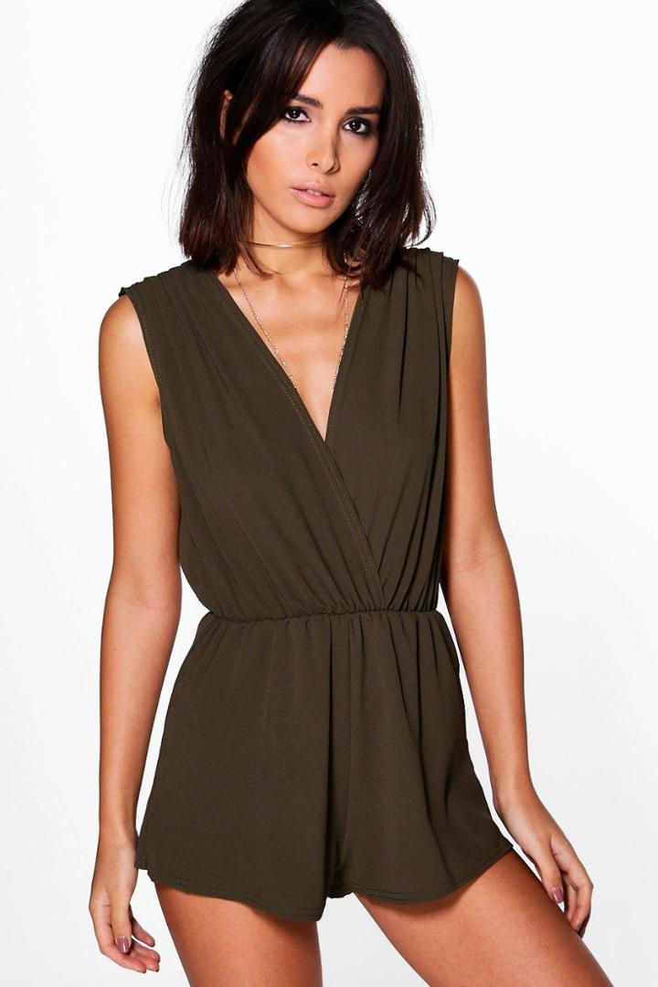 Boohoo Hannah Pleated Drape Shoulder Playsuit Khaki