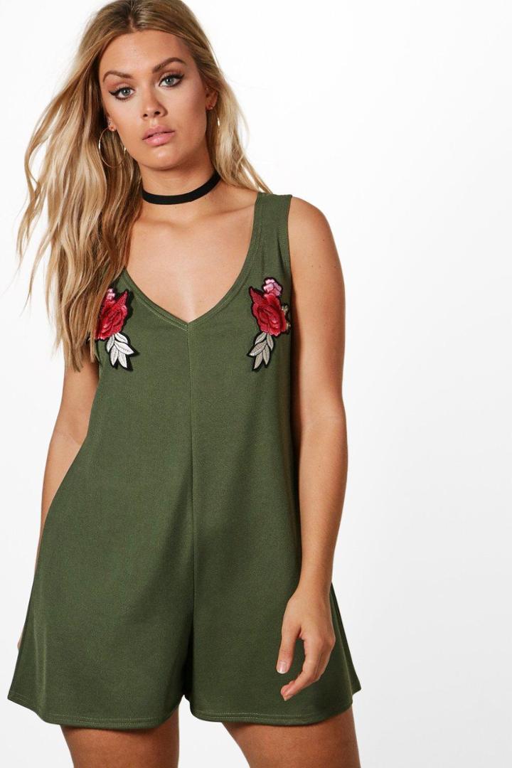 Boohoo Plus Poppy Floral Applique Playsuit Khaki