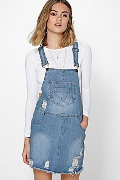 Boohoo Eva Fray Edge Denim Pinafore