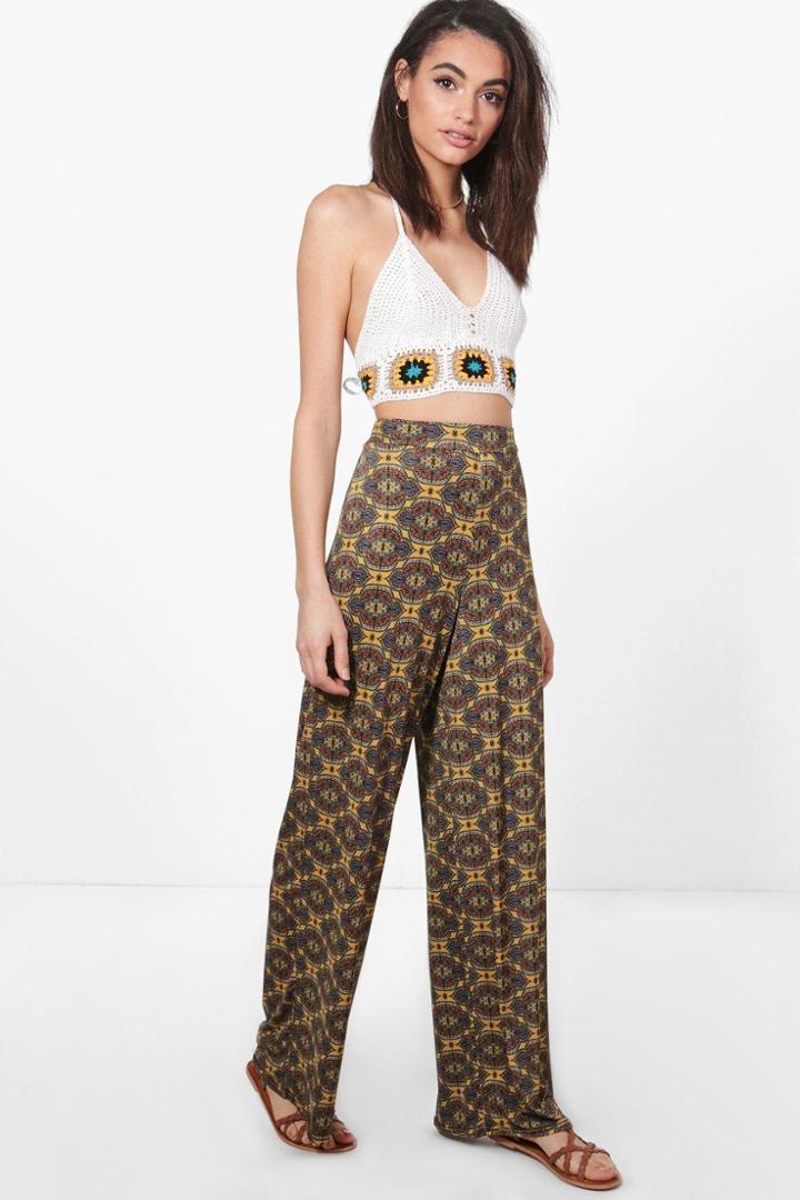 Boohoo Gigi Bohemian Print Wide Leg Trousers Mustard