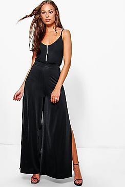 Boohoo Amelle Slinky Side Split Wide Leg Trousers