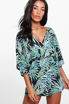 Boohoo Petite Lydia Palm Print Kimono Playsuit