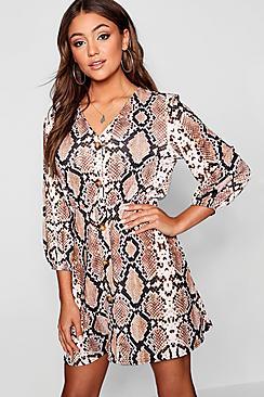Boohoo Horn Button Snake Print Shift Dress