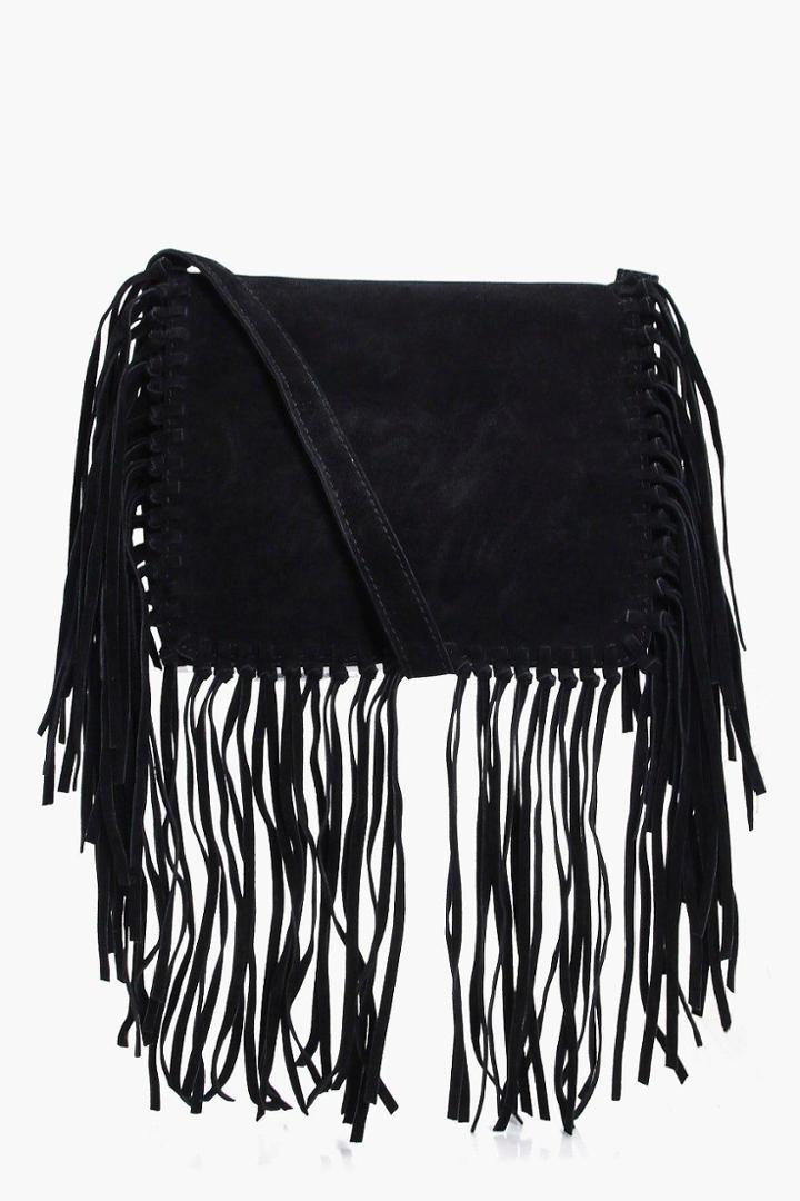 Boohoo Sarah Fringed Detail Cross Body Bag Black