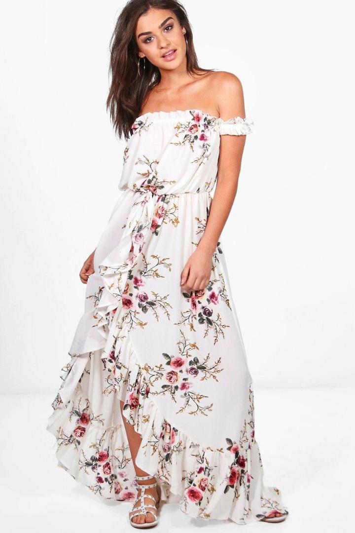Boohoo Jo Floral Off Shoulder Ruffle Wrap Maxi Dress Multi