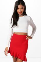 Boohoo Olivia Asymetric Ruffle Hem Mini Skirt Red