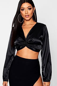 Boohoo Twist Front Satin Long Sleeve Crop Top