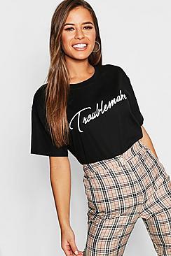 Boohoo Petite Troublemaker Slogan T-shirt