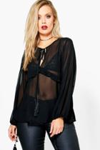 Boohoo Plus Amelia Chiffon Frill Detail Blouse Black