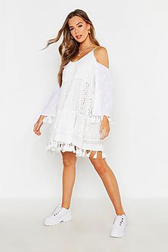 Boohoo Tassel Trim Broderie Anglais Smock Dress