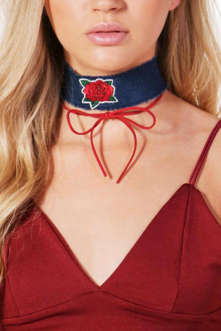 Boohoo Ava Denim & Velvet Embroidered Rose Choker Denim