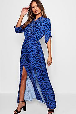 Boohoo Leopard Print Double Split Maxi Shirt Dress