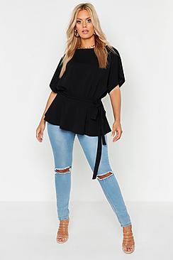 Boohoo Plus Slash Neck Tie Waist Peplum Hem Top