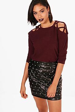 Boohoo Freya Rib Long Sleeve Strappy Shoulder Top