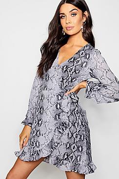 Boohoo Snake Print Wrap Front Skater Dress