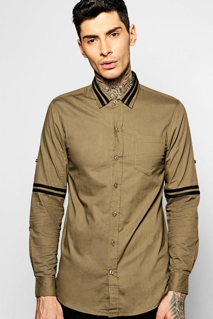 Boohoo Slim Fit Gros Grain Striped Shirt Khaki
