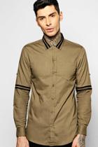 Boohoo Slim Fit Gros Grain Striped Shirt Khaki
