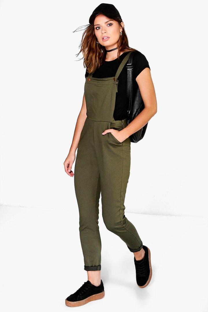 Boohoo Sophia Khaki Denim Dungarees Khaki