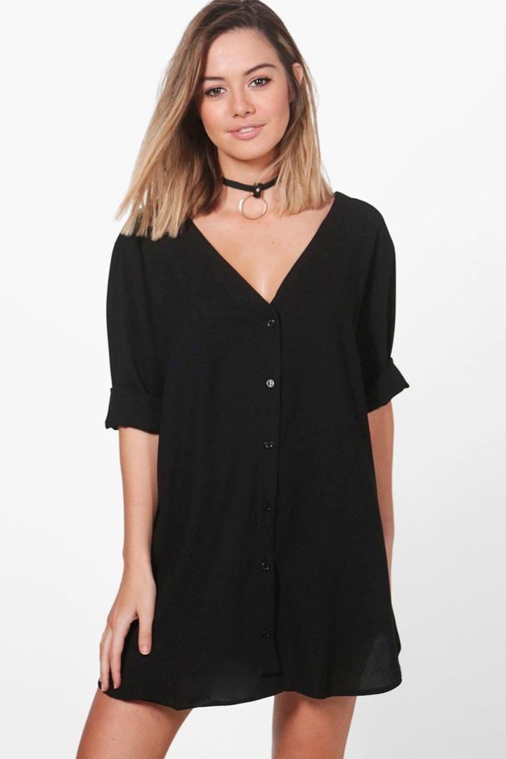 Boohoo Petite Hana V Neck Off The Shoulder Shirt Dress Black