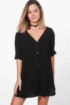 Boohoo Petite Hana V Neck Off The Shoulder Shirt Dress Black