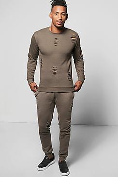 Boohoo Skinny Fit Distressed Sweatshirt Tracksuit
