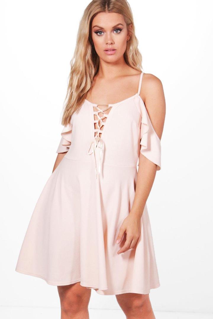 Boohoo Plus Yasmin Drape Sleeve Tie Front Skater Dress Blush