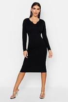 Boohoo Rib Notch Front Long Sleeve Midi Dress