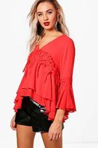 Boohoo Rita Woven Frill Sleeve Crochet Trim Blouse