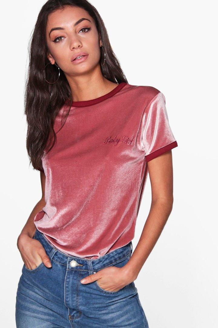Boohoo Tall Seline Slogan Velvet T-shirt Pink